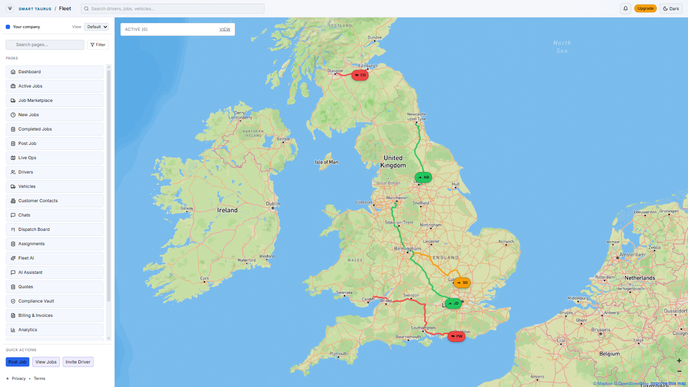 Smart Taurus Fleet dashboard showing fleet management, analytics and job tracking