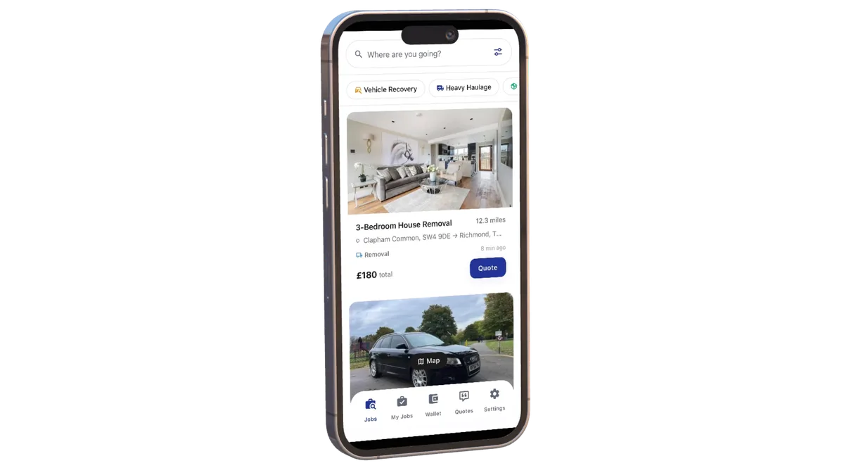 Smart Taurus mobile app interface showing transport and logistics features on iPhone