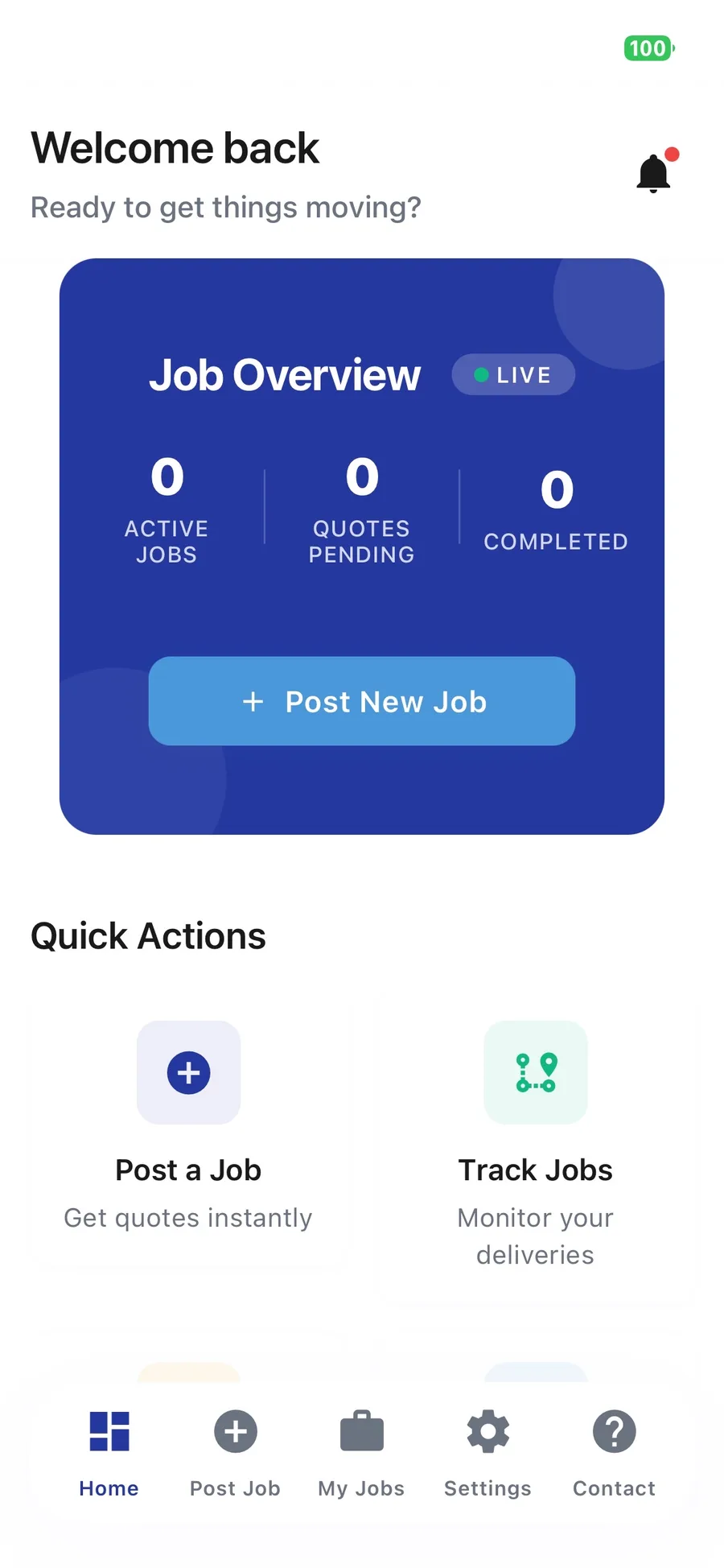 Smart Taurus mobile app showing real-time job tracking and driver communication